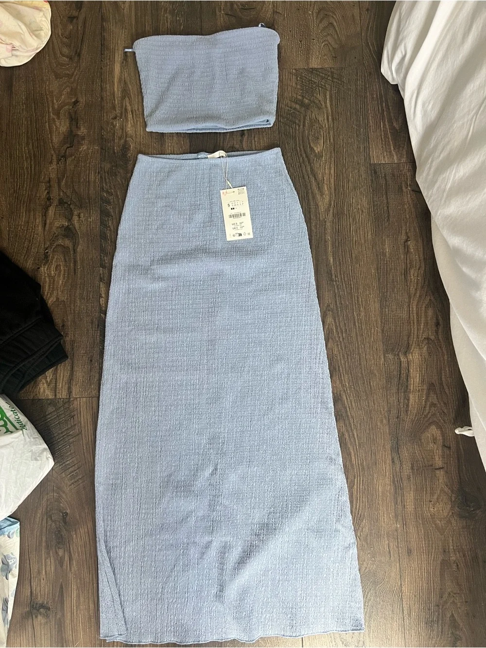 Zara Light Blue Textured Maxi Tube Skirt Set